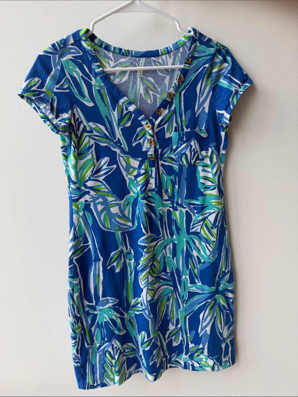 Lilly Pulitzer Blue and Green Tropical-Print V-Neck Mini Dress